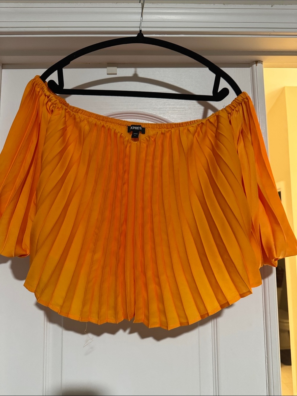 Express Orange Off-Shoulder Pleated Blouse
